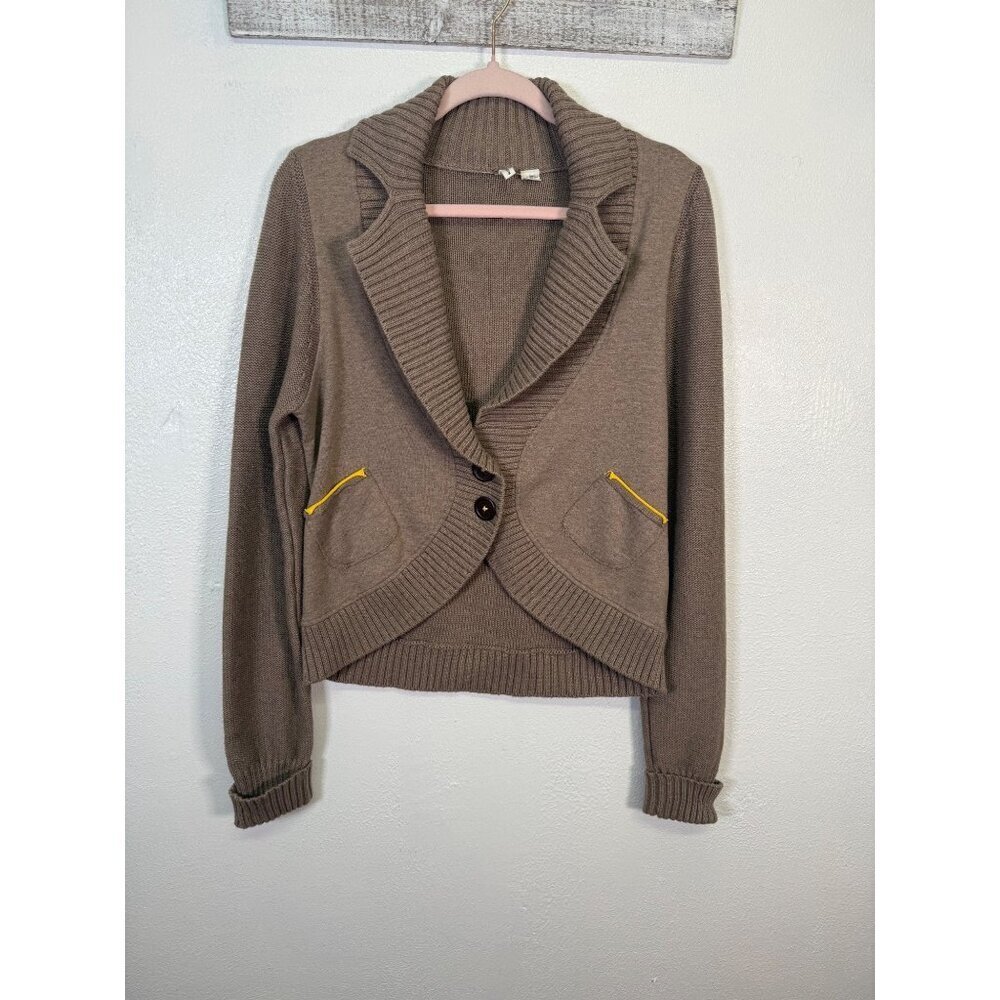 Moth Womens Brown 100% Cotton Cropped Cardigan Jacket  Yellow Pocket Large Knit